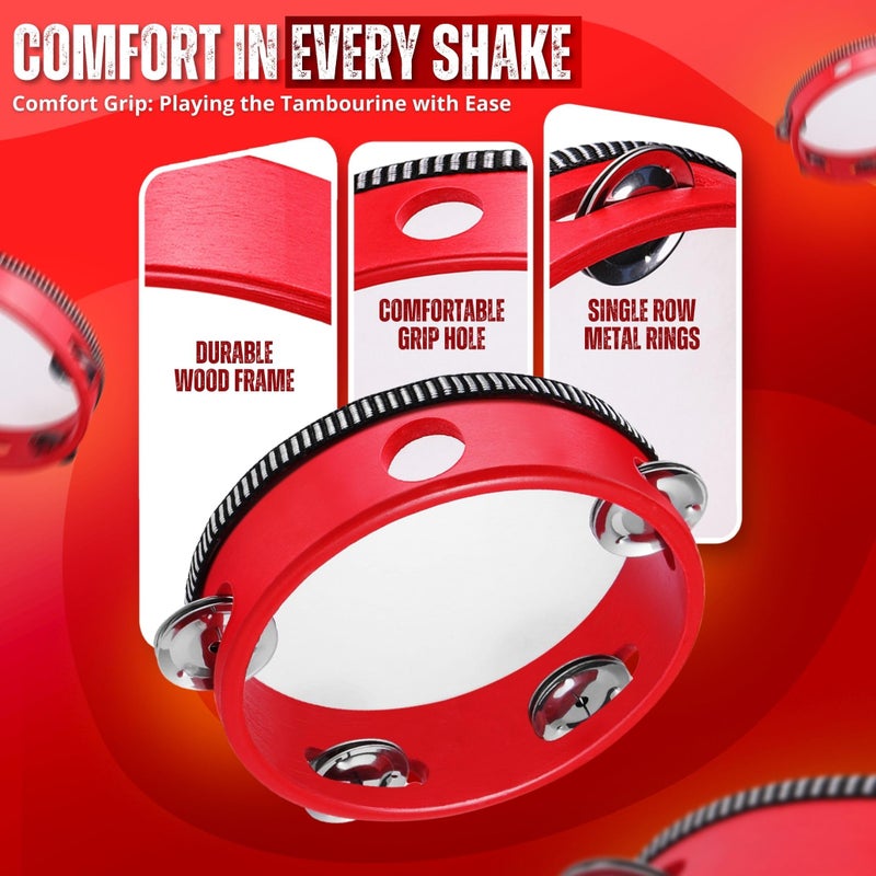 Flexzion Wooden Round Tambourine for Adults 6" Inch Single Row 8 Pair Jingles, Red Handheld Percussion Instrument for Beginner and Professional Tambourine Player - Image 5